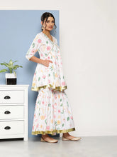 Women's White Floral Printed Pleated Sharara Set With Dupatta-AHTUDUSH-COMBO-588-ICH